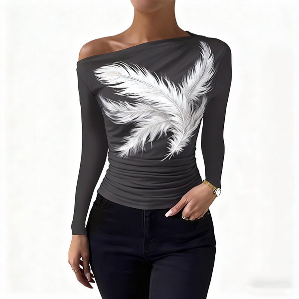 Slim-Fit Ruched Women's T-Shirt - Asymmetrical One-Shoulder Top